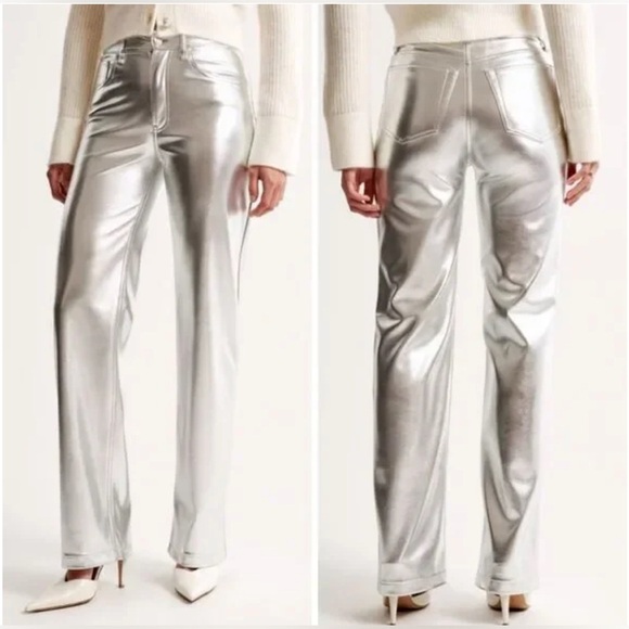 Abercrombie & Fitch The 90s Straight Ultra High Rise Pant Silver Metallic - Picture 2 of 12